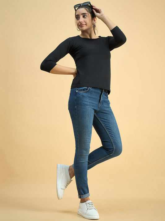 Clapton Crew Neck Tees Candy Cotton Lycra For Women Soild Black Summer wear