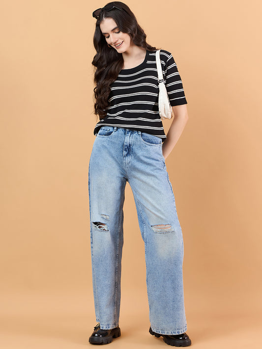 clapton Women Cotton knitted Striped Design T-shirt  Black