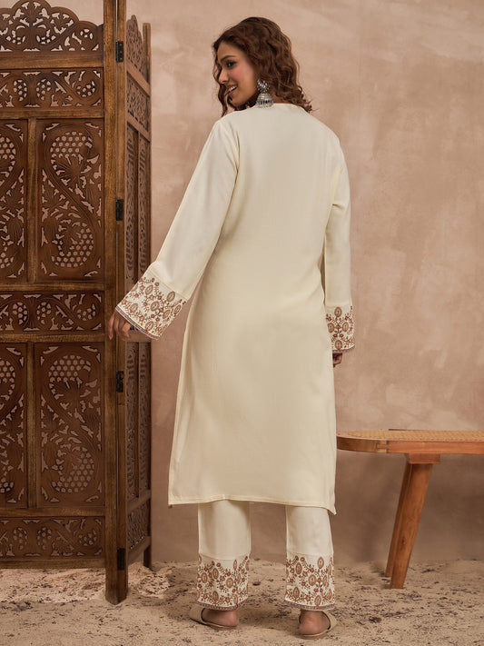 Woolen Embroidered 2-piece winter wear Kurti & Pant Set White