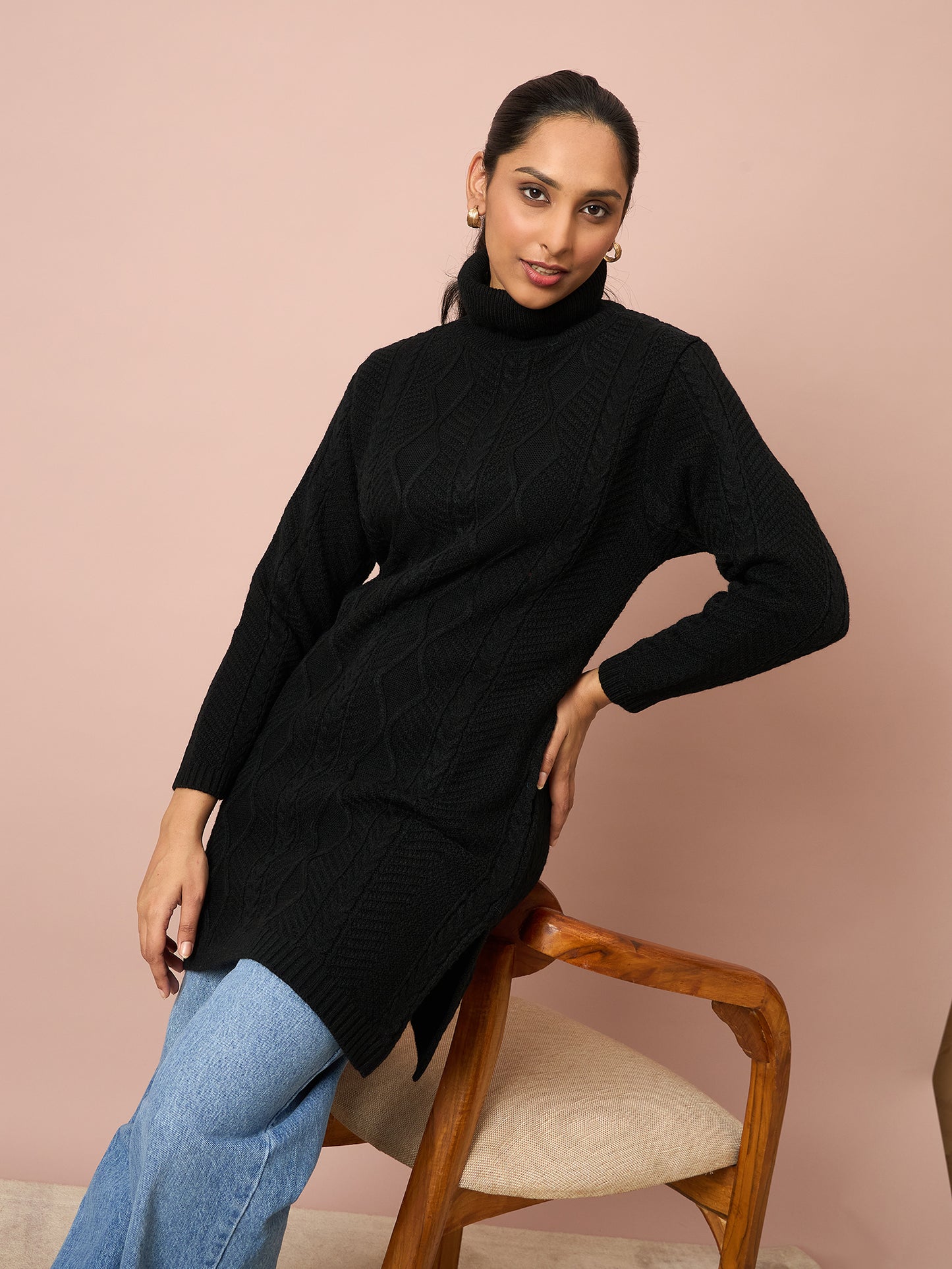 Clapton Cable Knitted  Wool Winter Wear Women’S Long Cardigan Black