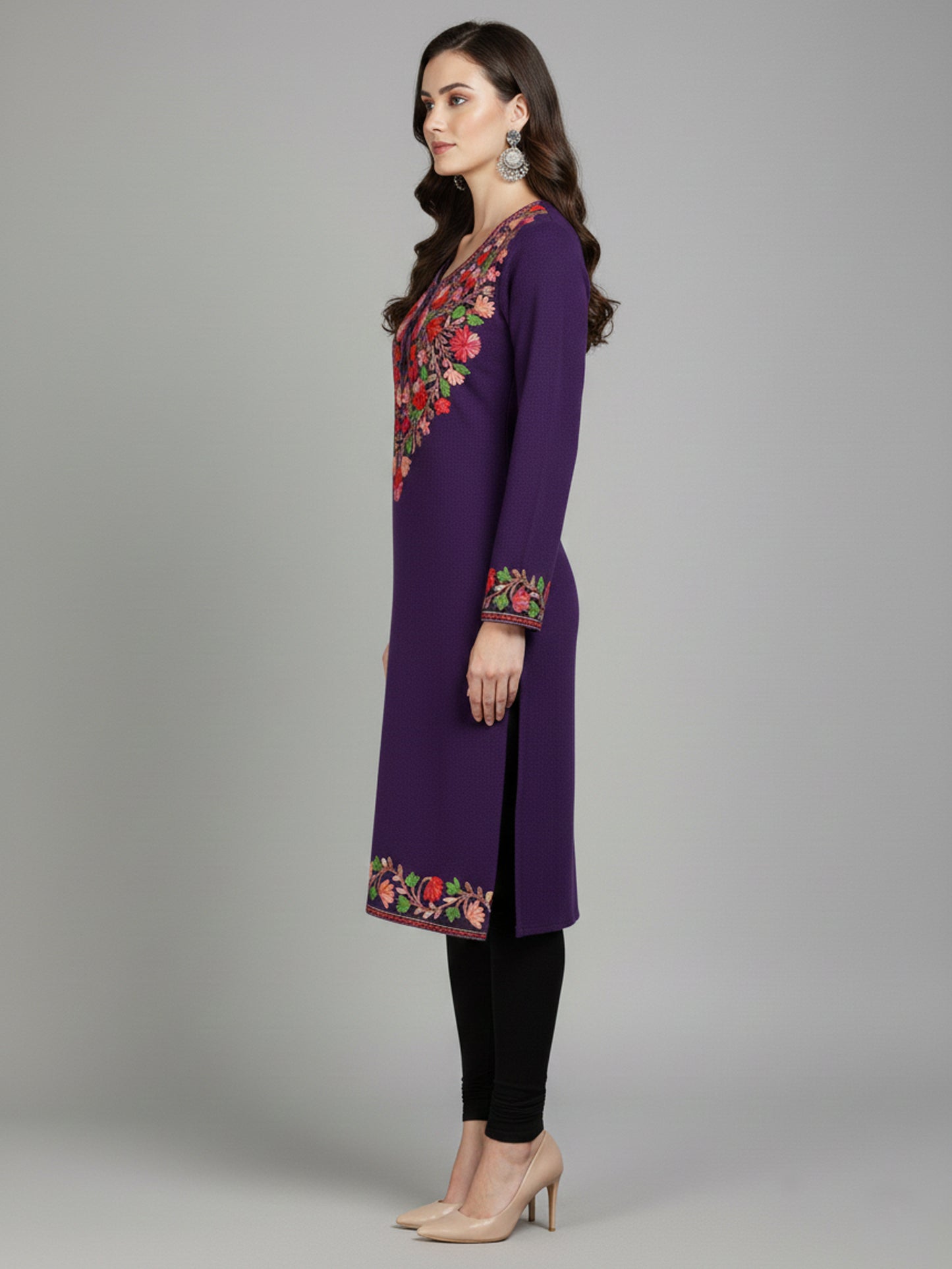 Clapton Purple Wolen Winter wear Embroidered Kashmiri Aari Work Kurta (PHERAN)