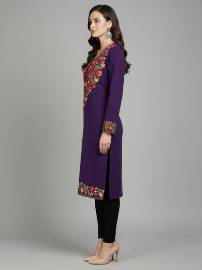 Clapton Purple Wolen Winter wear Embroidered Kashmiri Aari Work Kurta (PHERAN)