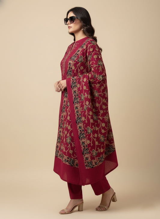 Clapton Embroidered  wool blends for winter wear Straight-fit kurta with trousers and a dupatta (shawl) Pink