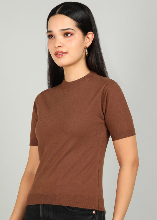 Women Solid Color Round Neck Half Sleeve Viscose T-Shirt Brown