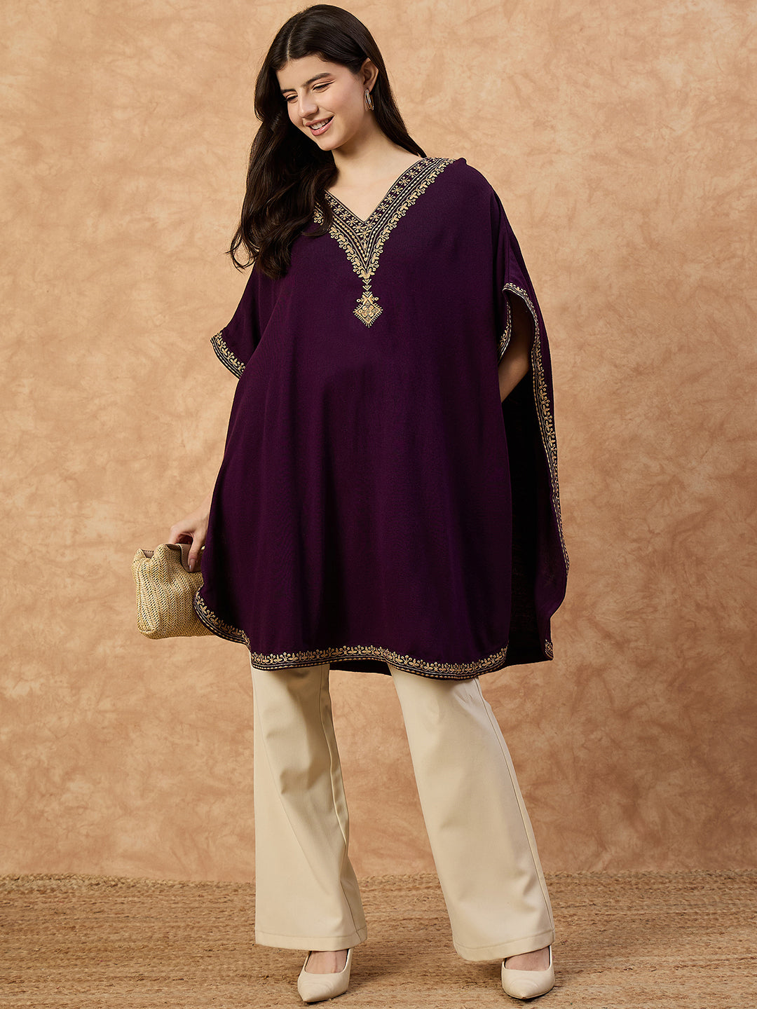 Clapton Women’s Wool Kaftan Kurti –  Purple, Golden Embroidery -6201