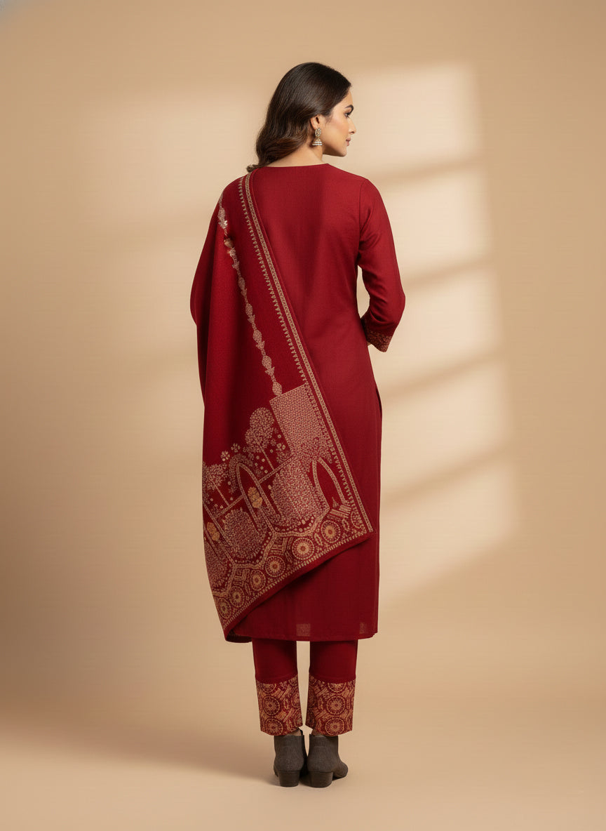 Clapton Embroidered  wool blends for winter wear Straight-fit kurta with trousers and a dupatta (shawl) RED