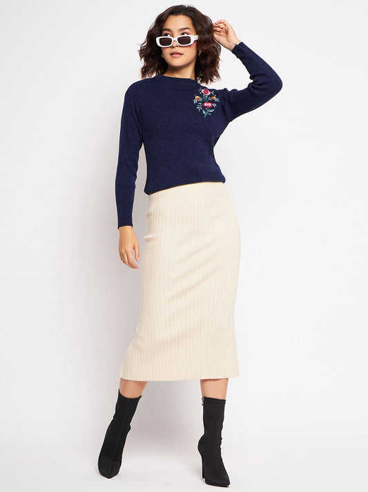 Wool Blend Round Neck Navy Top With Embroidery