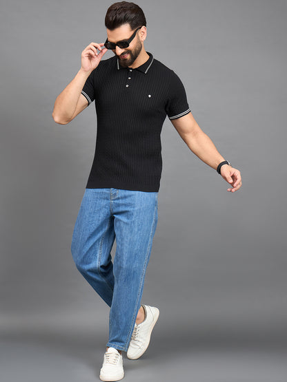 CLAPTON Men Knitted Polo Collar T-shirt  BLACK