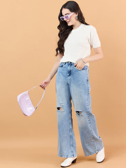 clapton Women Self knitted cotton Design T-shirt  White