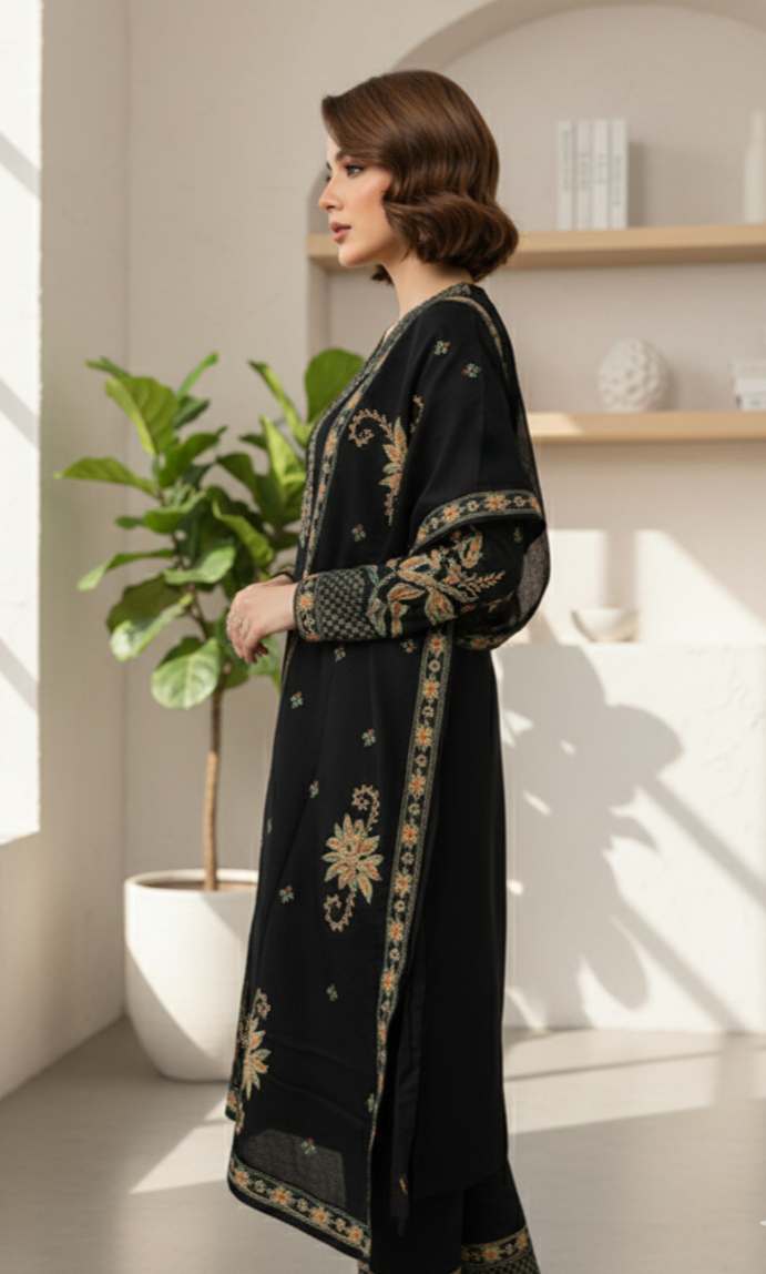 Clapton Embroidered Straight Kurta Pant With Dupatta Set Black