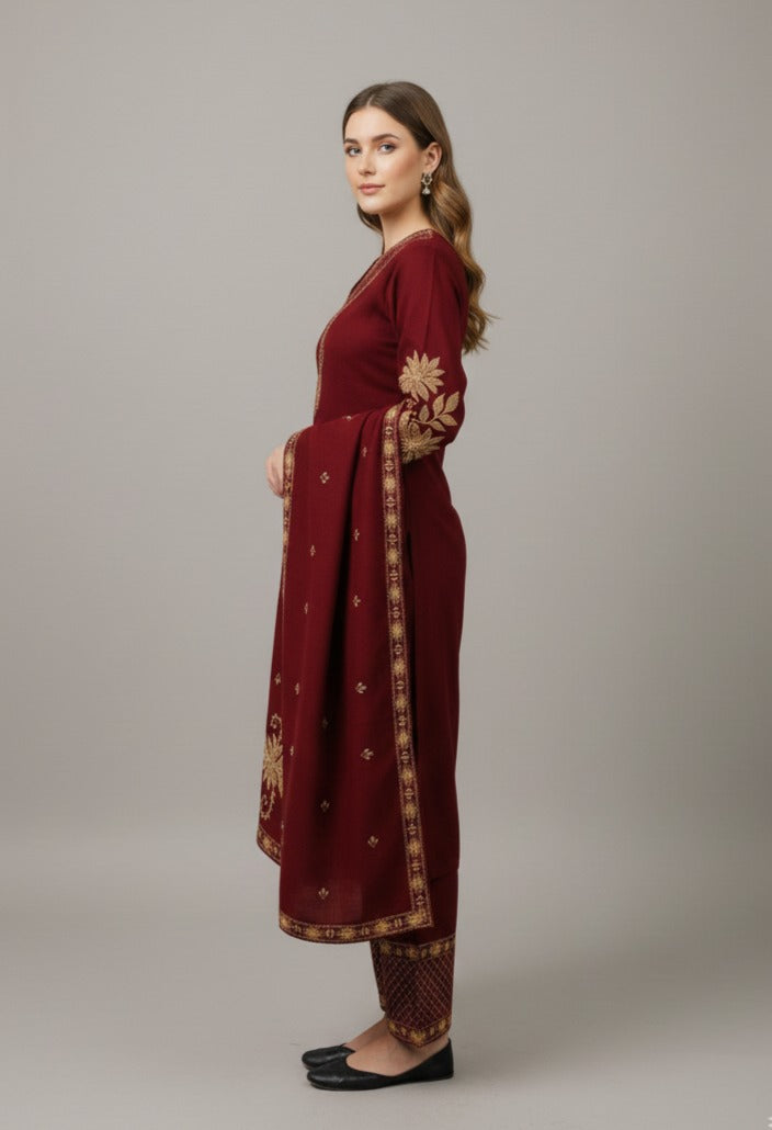 Clapton Embroidered Straight Kurta Pant With Dupatta Set Maroon