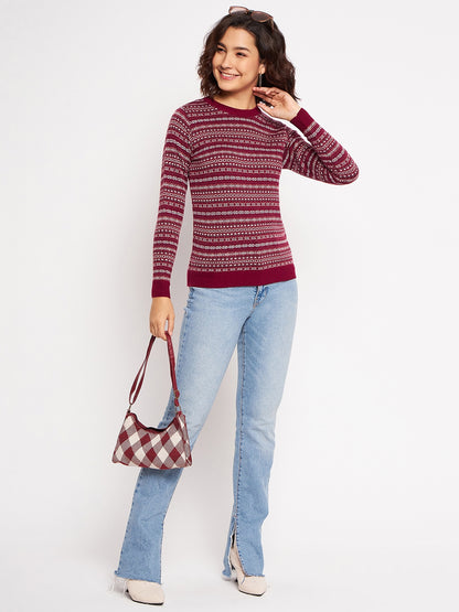Wool Blend Round Neck Maroon Top
