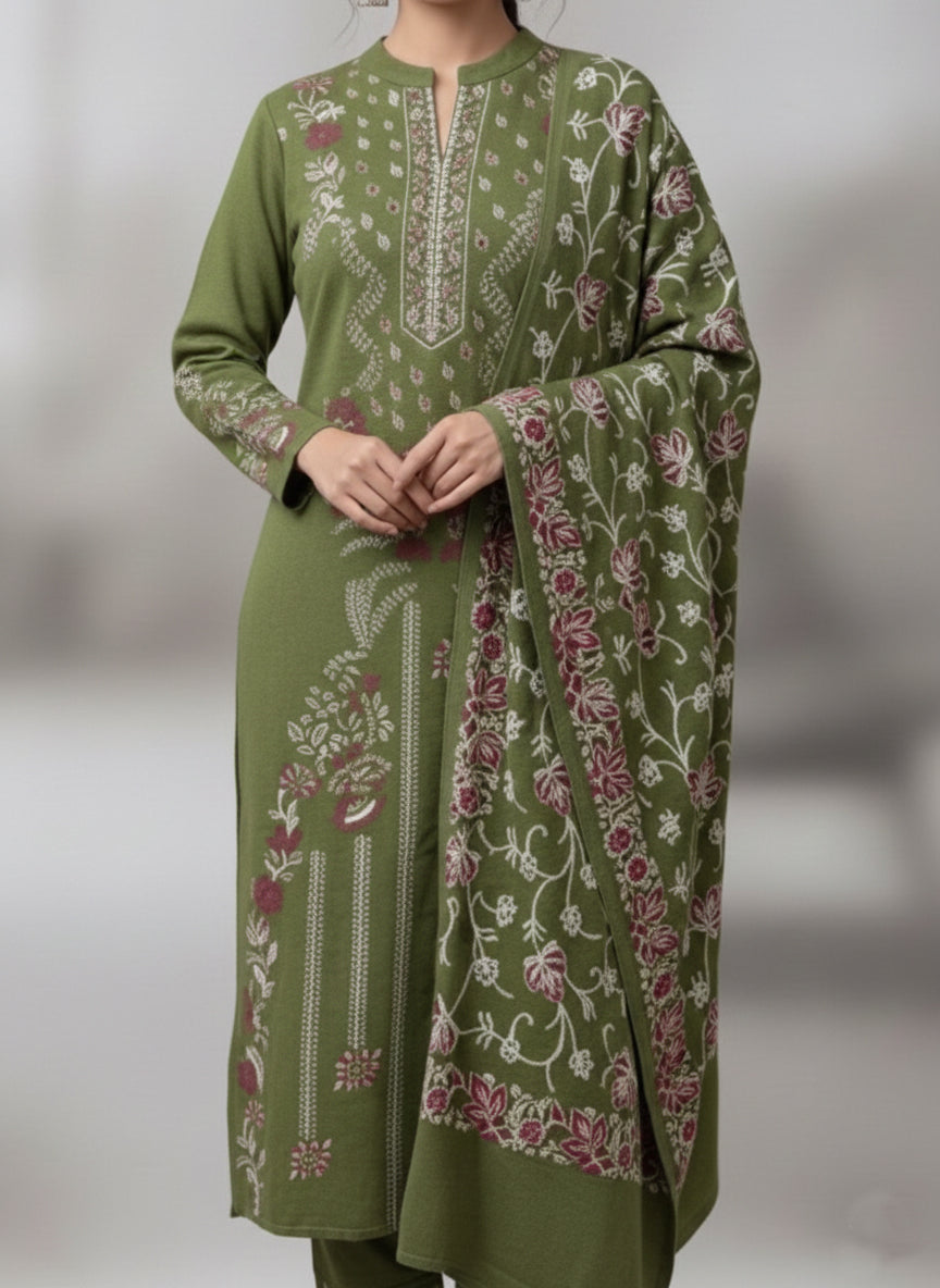 Clapton Embroidered  wool blends for winter wear Straight-fit kurta with trousers and a dupatta (shawl) Green