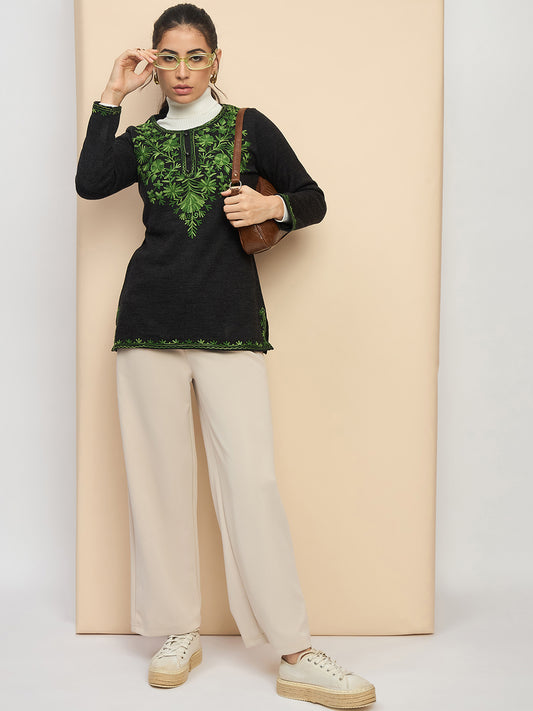 Women's  Kurta with Green Floral Embroidery, Long Sleeves, winter wear Grey mixture