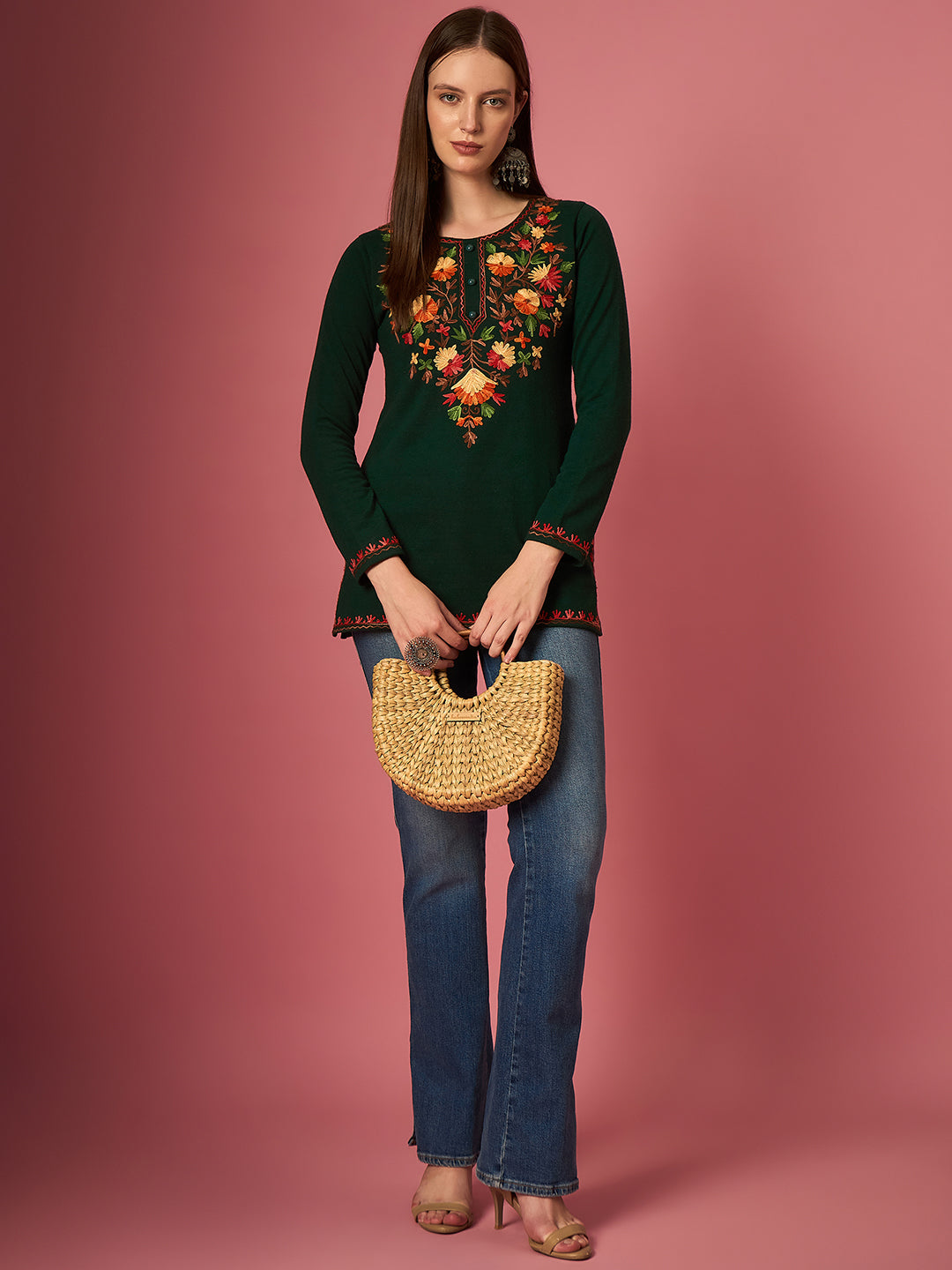 Women's  Kurti with Multicolor Floral Embroidery, Long Sleeves,winter wear Green