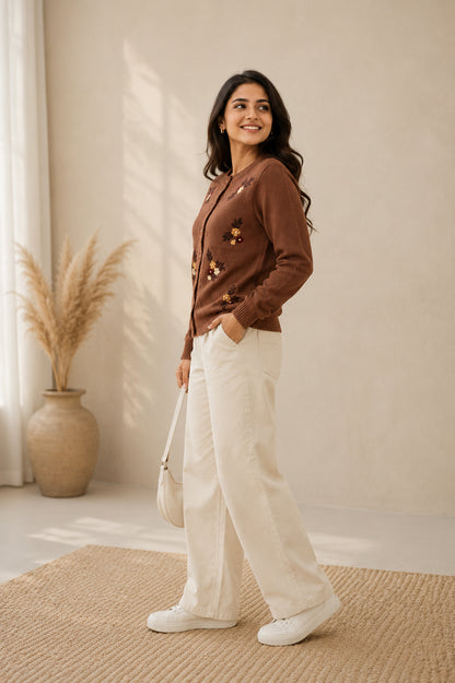 Women'S  Floral Embroidered Knit Cardigan, Round Neck, Button-Front, Long Sleeve Sweater Brown
