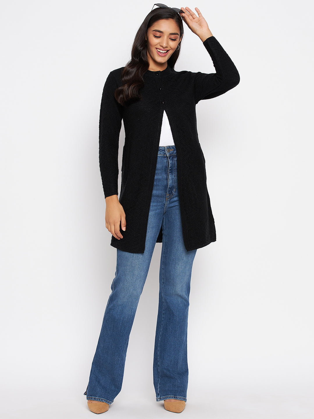 Wool Blend Round Neck Black Long Shrug
