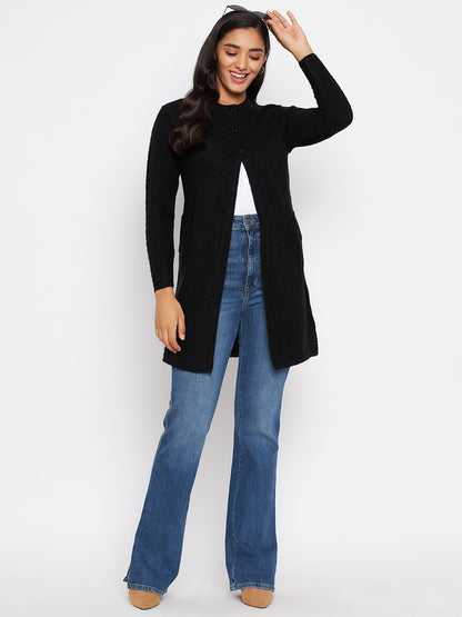 Wool Blend Round Neck Black Long Shrug