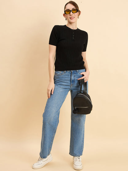 Clapton Women Knitted  Round Neck  T-shirt Black