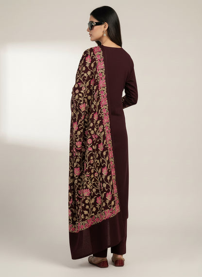 Clapton Embroidered  wool blends for winter wear Straight-fit kurta with trousers and a dupatta (shawl) WINE