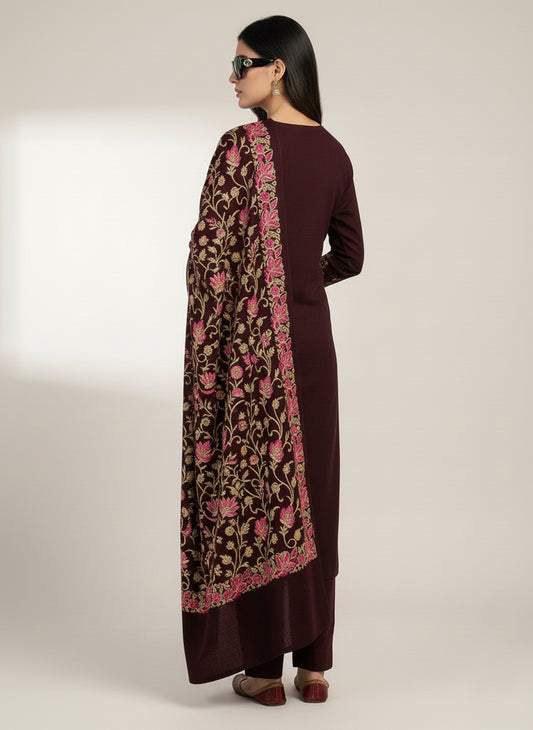 Clapton Embroidered  wool blends for winter wear Straight-fit kurta with trousers and a dupatta (shawl) WINE