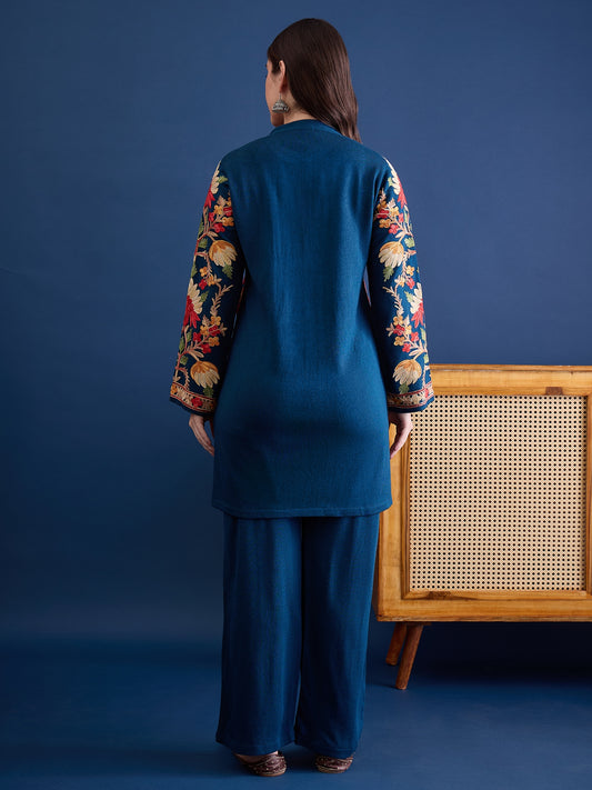 Women’S Embroidered Woolen Kurta With Straight-Fit Pants Co-Set Peacock