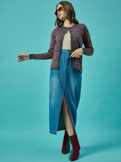 Women Md-Grey Self Striped Round Neck Cardigan