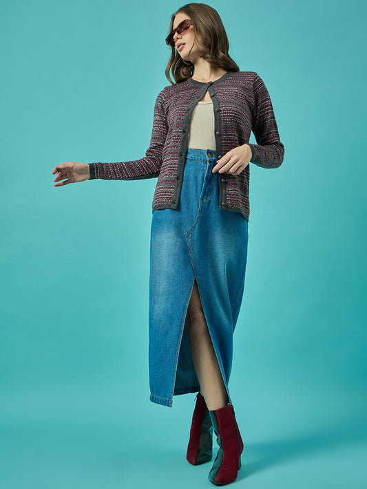 Women Md-Grey Self Striped Round Neck Cardigan