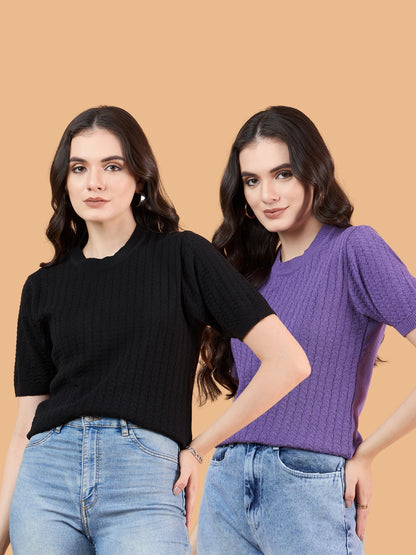 CLAPTON Women Knitted Round Neck T-shirt Combo Of 2 Black and Purple