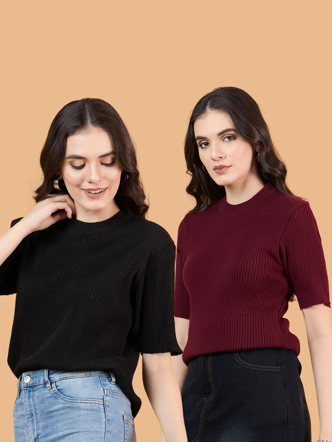 CLAPTON Women Knitted Round Neck T-shirt Combo Of 2 BLACK Maroon