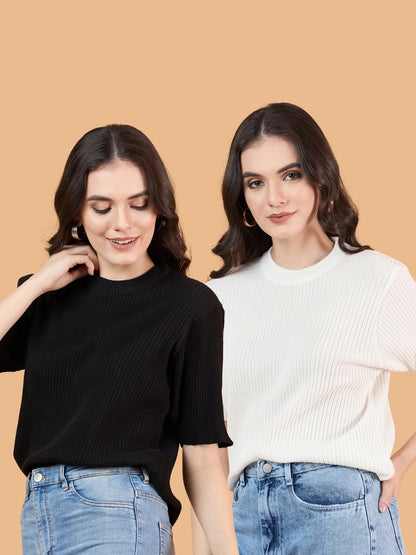 CLAPTON Women Knitted Round Neck T-shirt Combo Of 2 Black White