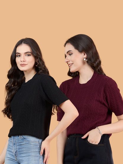 CLAPTON Women Knitted Round Neck T-shirt Combo Of 2 Black Maroon