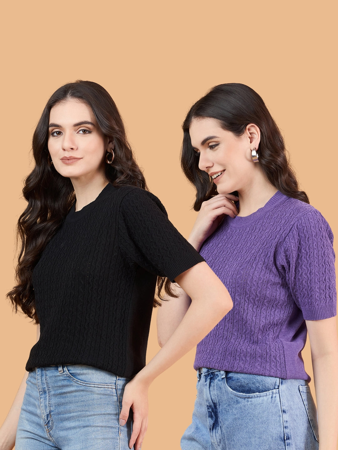 CLAPTON Women Knitted Round Neck T-shirt Combo Of 2 Black Purple