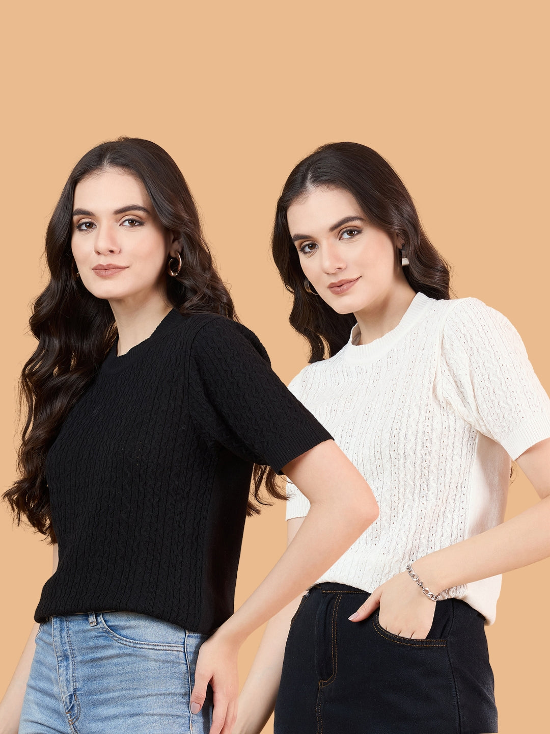 CLAPTON Women Knitted Round Neck T-shirt Combo Of 2 Black White