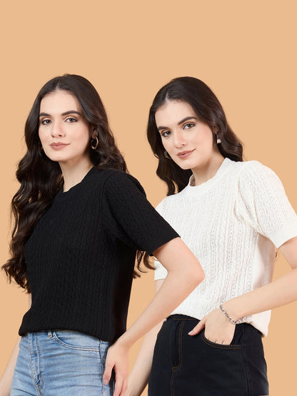 CLAPTON Women Knitted Round Neck T-shirt Combo Of 2 Black White