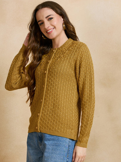 Clapton Floral Embroidered Knit  Design Pure Wool Cardigan Gold