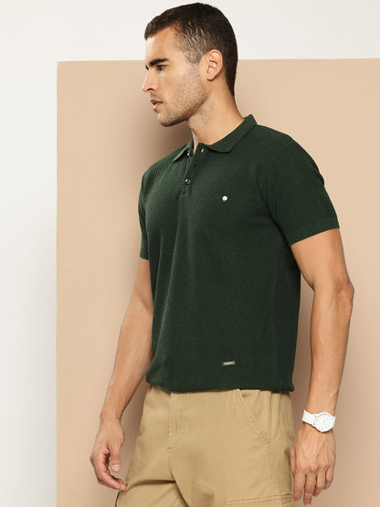 CLAPTON Men Knitted Textured Polo Collar T shirt GREEN