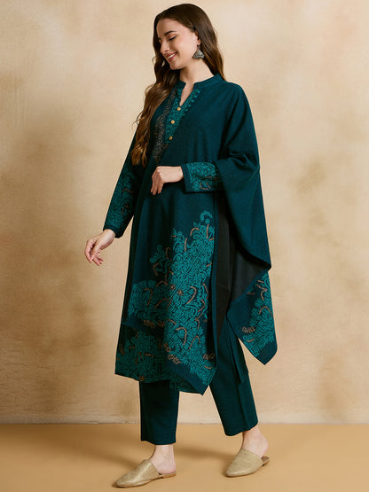 Clapton Embroidered Straight Kurta Pant With Dupatta Set Green