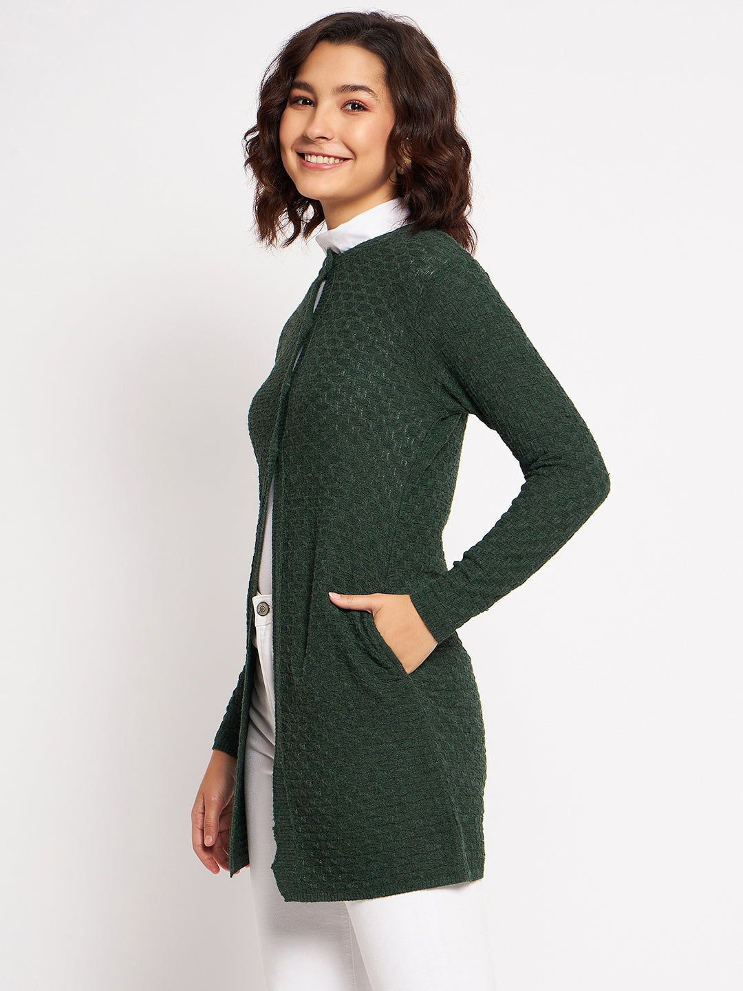 Wool Blend Round Neck Green Long Shrug