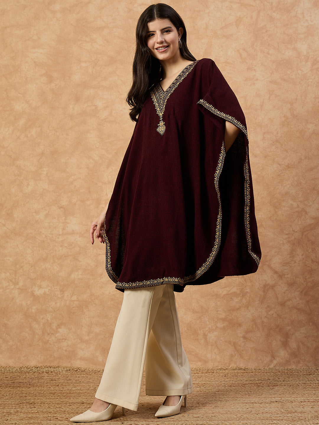 Clapton Women’s Wool Kaftan Kurti –  Mahrroon, Golden Embroidery -6201