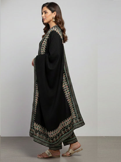 Embroidered wool blends for winter wear Straight-fit kurta with trousers and a dupatta (shawl) Black