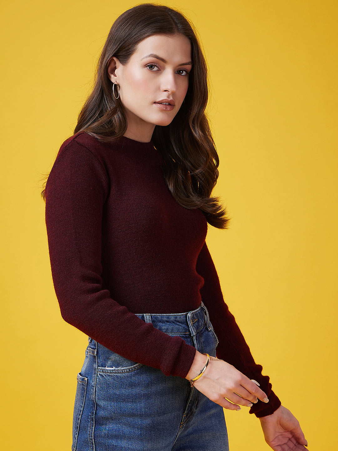 Wool Blend Crew Neck Full Sleeve Mehroon Top
