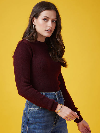 Wool Blend Crew Neck Full Sleeve Mehroon Top