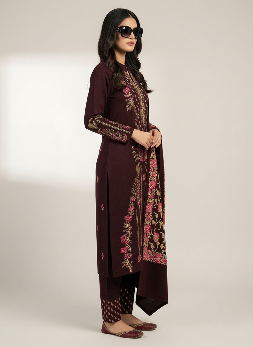 Clapton Embroidered  wool blends for winter wear Straight-fit kurta with trousers and a dupatta (shawl) WINE