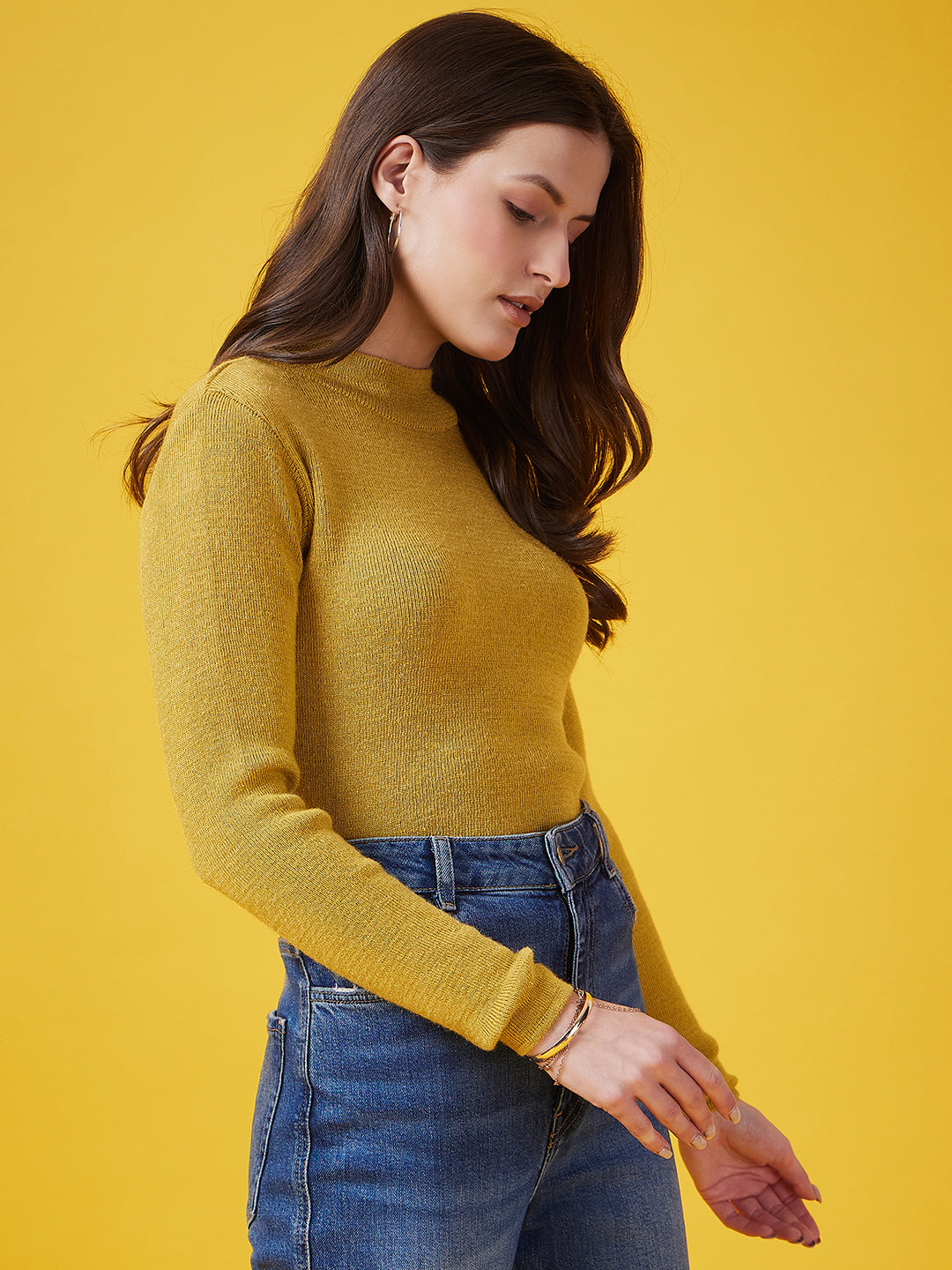 Wool Blend Crew Neck Full Sleeve Gold Top