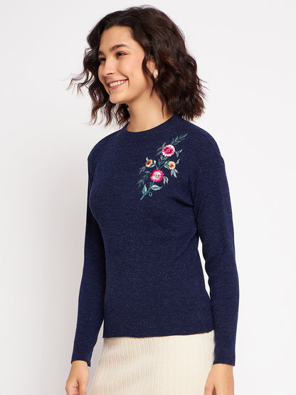 Wool Blend Round Neck Navy Top With Embroidery