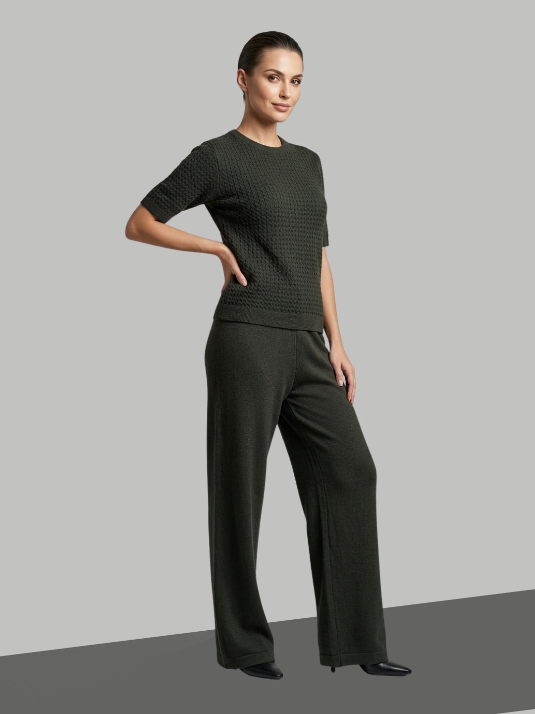 Clapton Knitted Summer Wear Co-Ord Set Top & Straight-Leg Trousers Mehndi