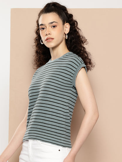 Women Knitted T-Shirt ,Summer Wear Color Striped Round neck , Firozi
