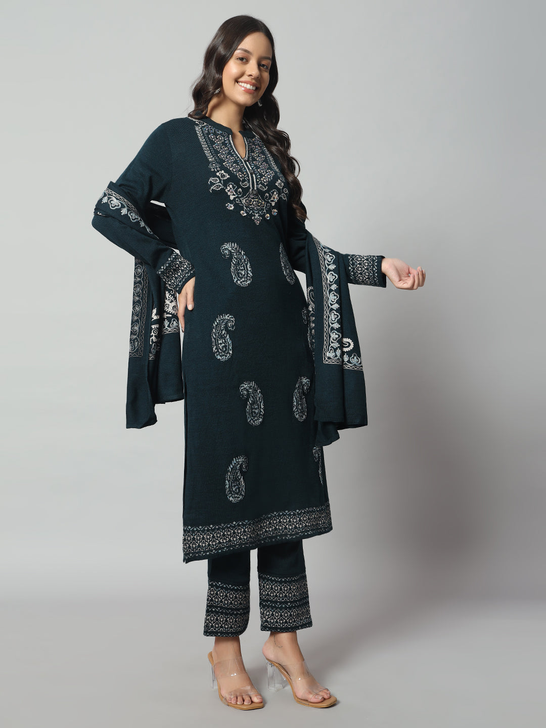 Clapton Pure Wool Winter Wear Embroidered Straight Kurta Pant With Dupatta Set Green