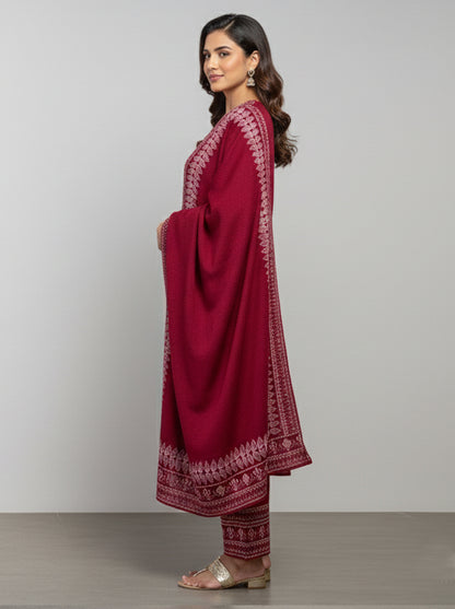 Embroidered wool blends for winter wear Straight-fit kurta with trousers and a dupatta (shawl) Red